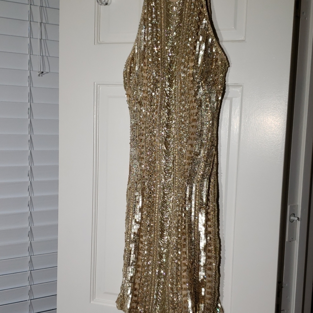 Gold Sherri Hill homecoming dress